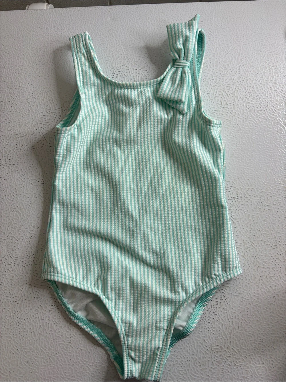 482 - Striped Teal Girls One-Piece Swimsuit with Bow